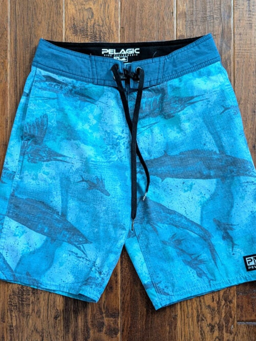 Pelagic Deep Drop Board Shorts Youth Boys 25 Blue Fishing Marlin Tuna Print